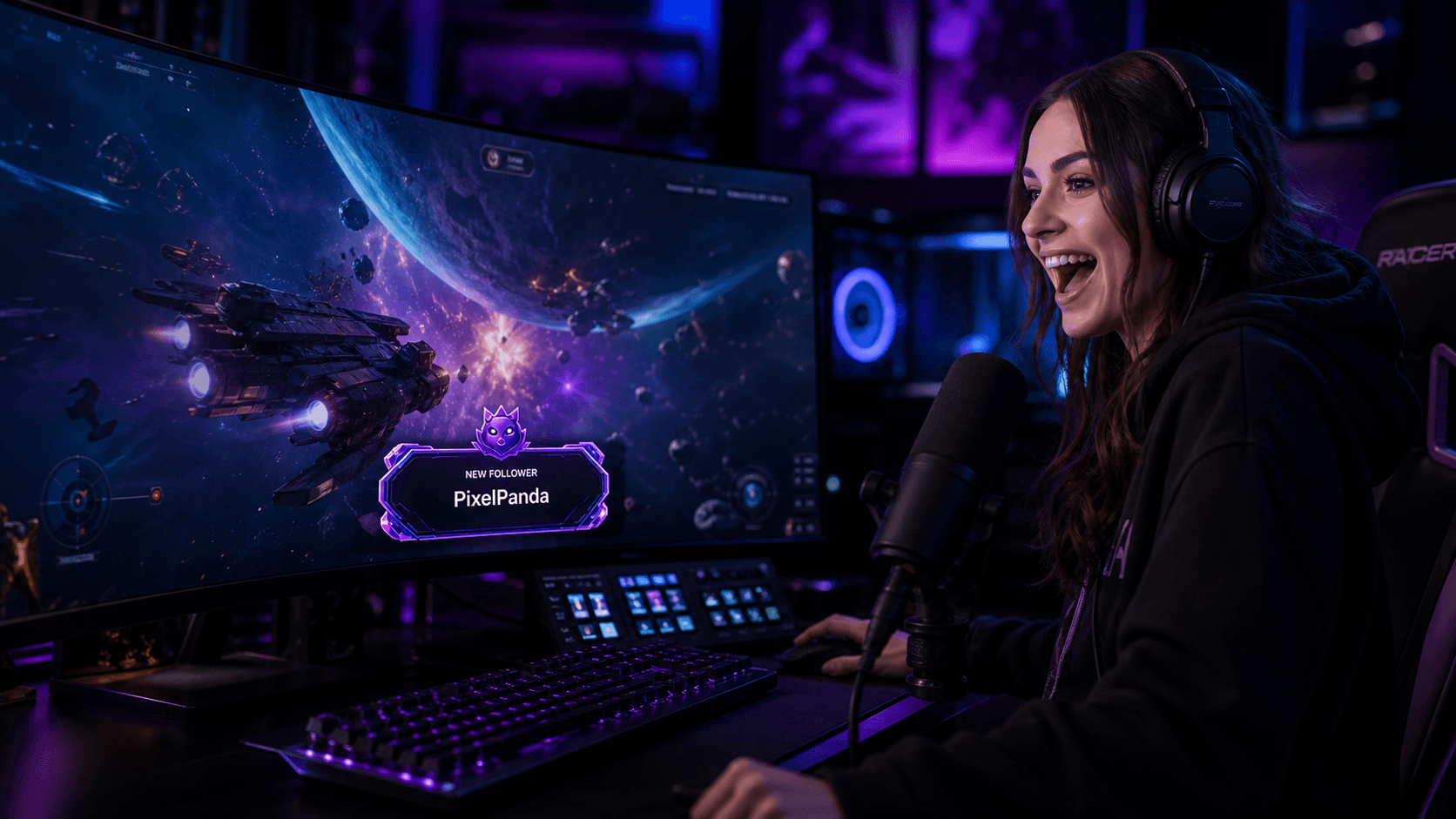 Creator presenting a live stream from her studio