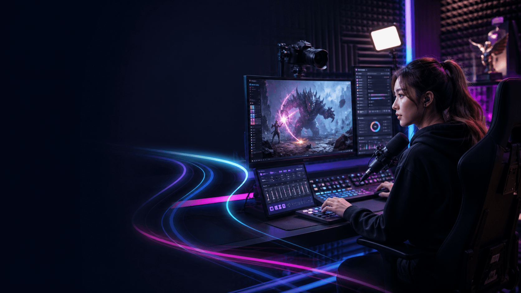 Creator controlling a complete livestream from a multi-screen studio