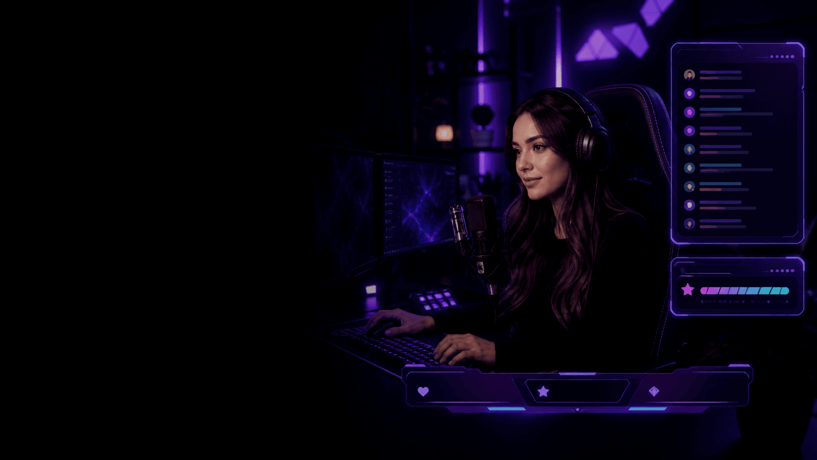 Creator broadcasting from a rich purple studio designed as a complete visual world