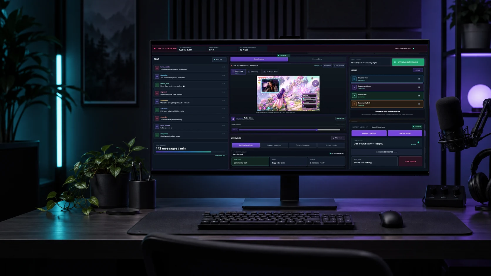 A creator desk with Stream Rituals Command Centre running the live show